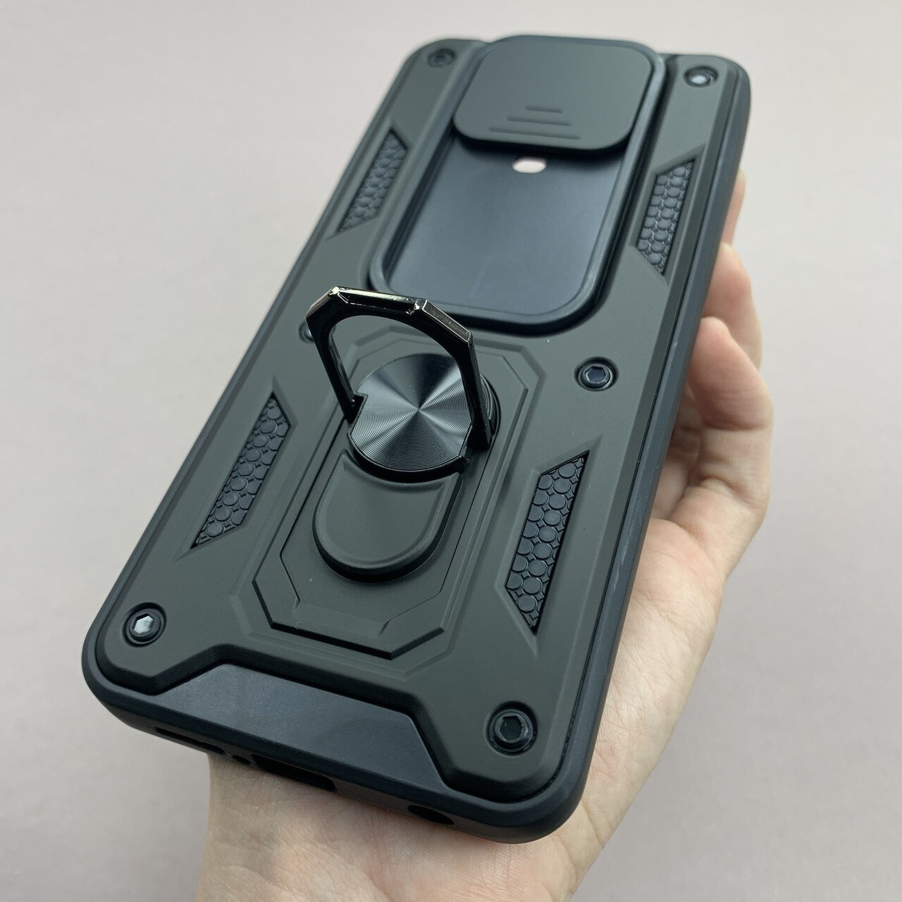 Husa telefon Mat-Tech compatibila cu Xiaomi Redmi Note 9s / 9 Pro / 9 Pro Max, Protectie Camera Slide and Snap Soft Premium, Magnetic Ring Holder, PopGrip, Anti-Shock, Rugged Protection, Negru