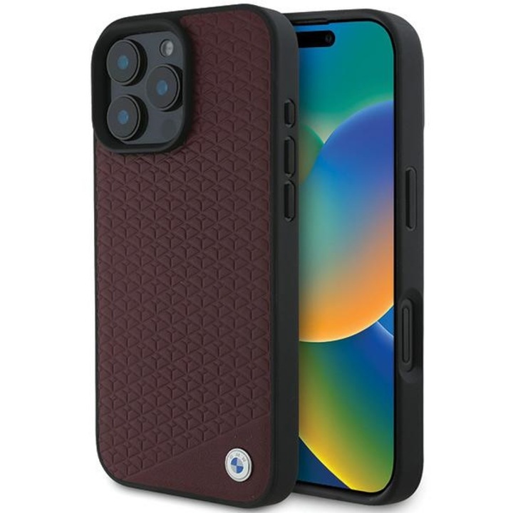 BMW bőr tok MagSafe gyémánttal és BMW fém jelzéssel iPhone 16 Pro Max-hoz, piros
