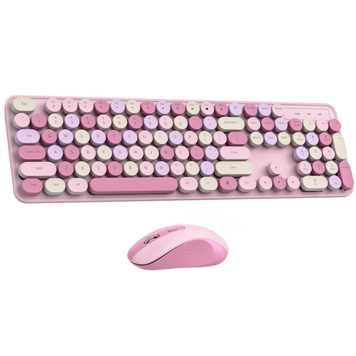Kit Tastatura Si Mouse Wireless Z ZYNERA™, 3 Viteze Reglabile Mouse, Taste Detasabile, Design Retro, Pentru Laptop, PC, Mac OS, Taste Rotunde Colore, Roz, Calitate Premium