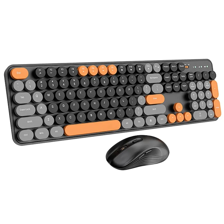 Kit Tastatura Si Mouse Wireless Z ZYNERA™, 3 Viteze Reglabile Mouse, Taste Detasabile, Design Retro, Pentru Laptop, PC, Mac OS, Taste Rotunde Colore, Negru, Calitate Premium