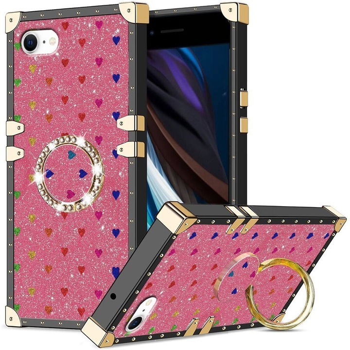 Husa telefon XGSM Suitcase pentru iPhone 7/8/SE 2020/SE 2022, roz cu inimioare, flexibila, cu suport pentru deget