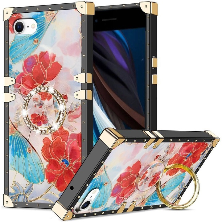 Husa telefon XGSM, Etui Suitcase, flexibilitate, suport pentru deget, flori rosii, pentru iPhone 7/8/SE 2020/SE 2022