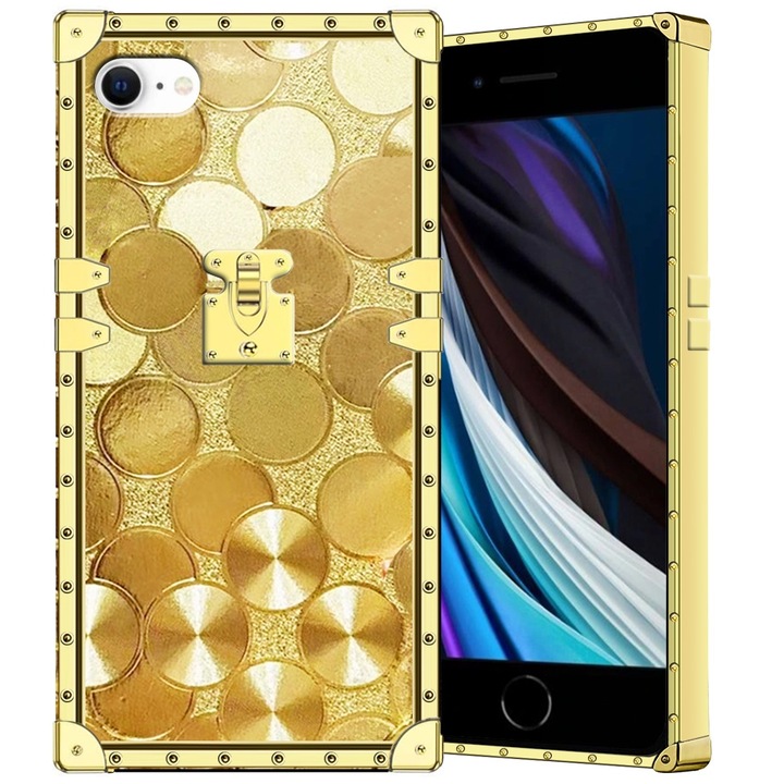 Husa telefon XGSM pentru iPhone 7/8/SE 2020/SE 2022, cercuri aurii, flexibila, cu suport pentru deget