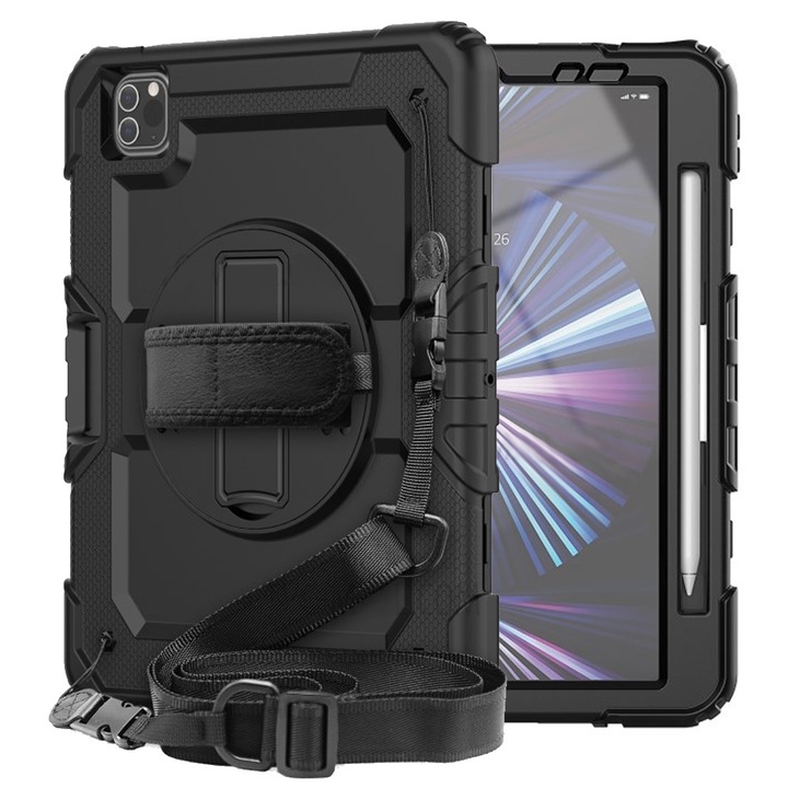 Husa blindata pentru iPad Pro 11" 2022/2021 (4/3 generatie), protectie la 360° cu spatiu pentru un stylus, negru