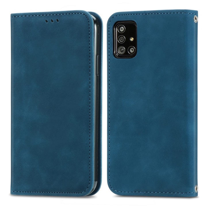 Etui Wallet pentru Samsung Galaxy A51 5G, Vintage Style Smooth, albastru, piele ecologica, cu compartimente pentru carduri