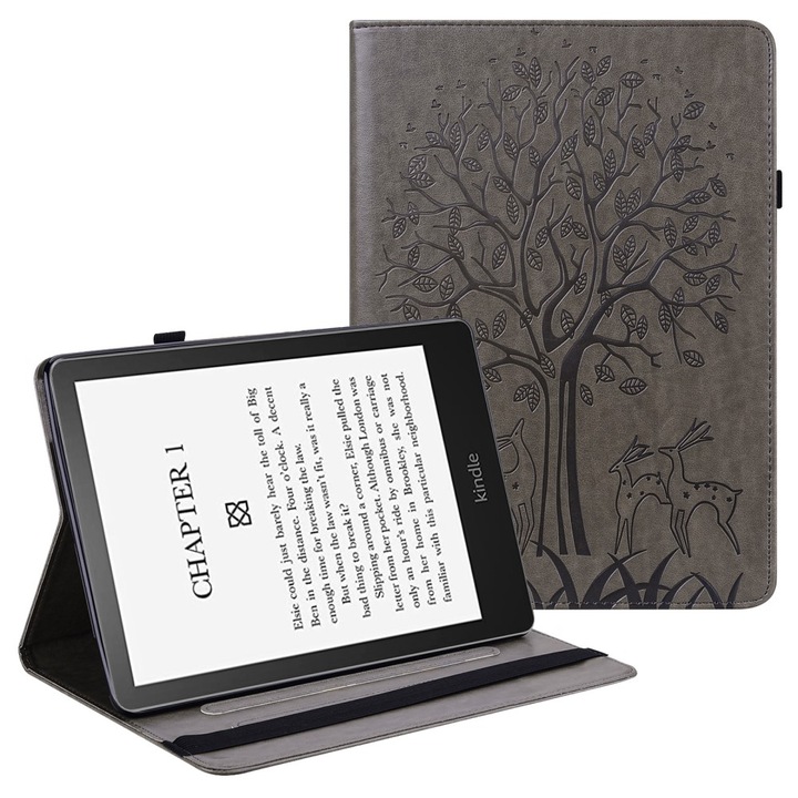 Husa eBook, XGSM, Piele ecologica / Silicon, Pentru Amazon Kindle Paperwhite 5 (2021), Design arbore, Functie suport, Gri