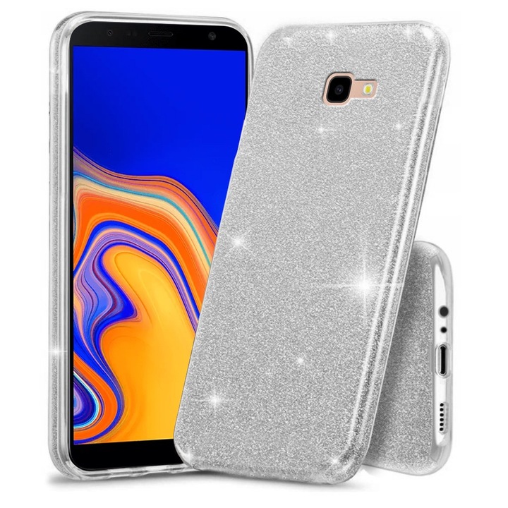 Husa telefon XGSM Glitter Case pentru Samsung Galaxy J4+, argintie, flexibila, cu finisaj stralucitor