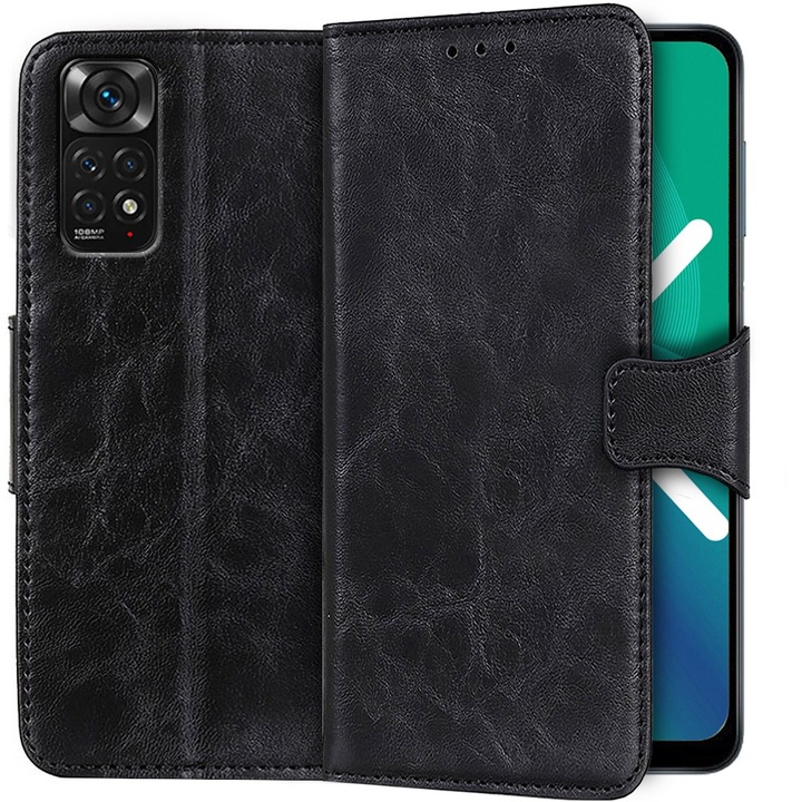 Etui din piele naturala pentru telefon, ERBORD, Flexi Book, functie stand, negru, pentru Xiaomi Redmi Note 11/11S