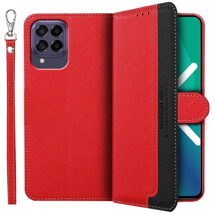Etui Wallet pentru telefon, KHAZNEH, Dual Color, rosu, cu functie stand, protectie RFID, set cu curea