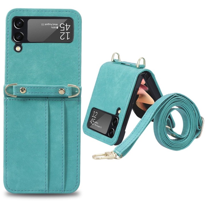 Etui telefon ERBORD Leather Card Slots, verde, cu suport pentru carduri, set cu curea, pentru Samsung Galaxy Z Flip4 5G