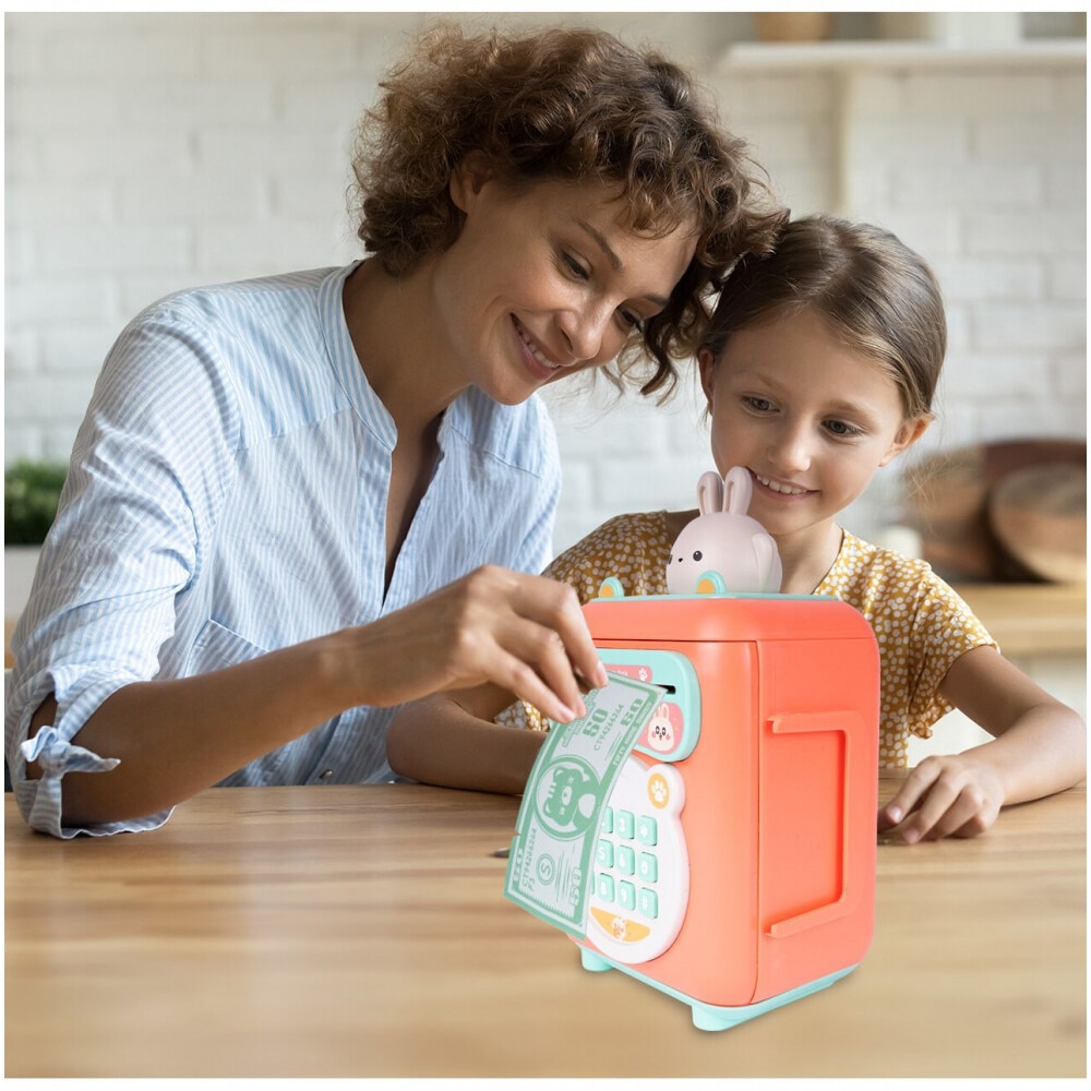 Pusculita interactiva pentru copii tip seif cu cifru Pink Bunny