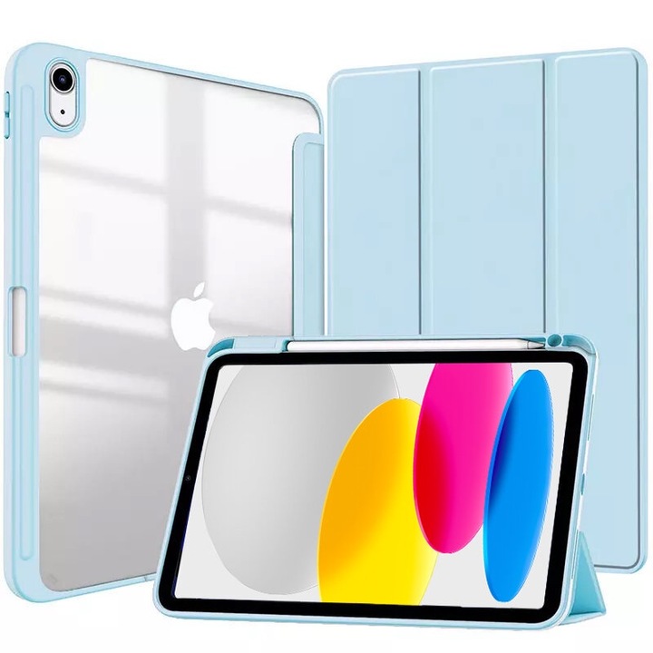 Husa tableta ERBORD compatibila cu iPad 10.9 2022 (10 gen.), tri-fold, cu suport pentru pix, albastra