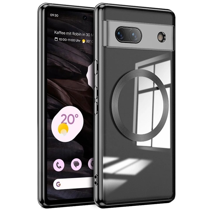 Husa telefon XGSM pentru Google Pixel 7a, TPU, transparenta cu rama neagra, protectie camera, compatibila cu MagSafe