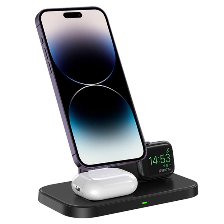 Incarcator wireless 15W, ERBORD, pentru iPhone, Apple Watch, AirPods, modular, negru