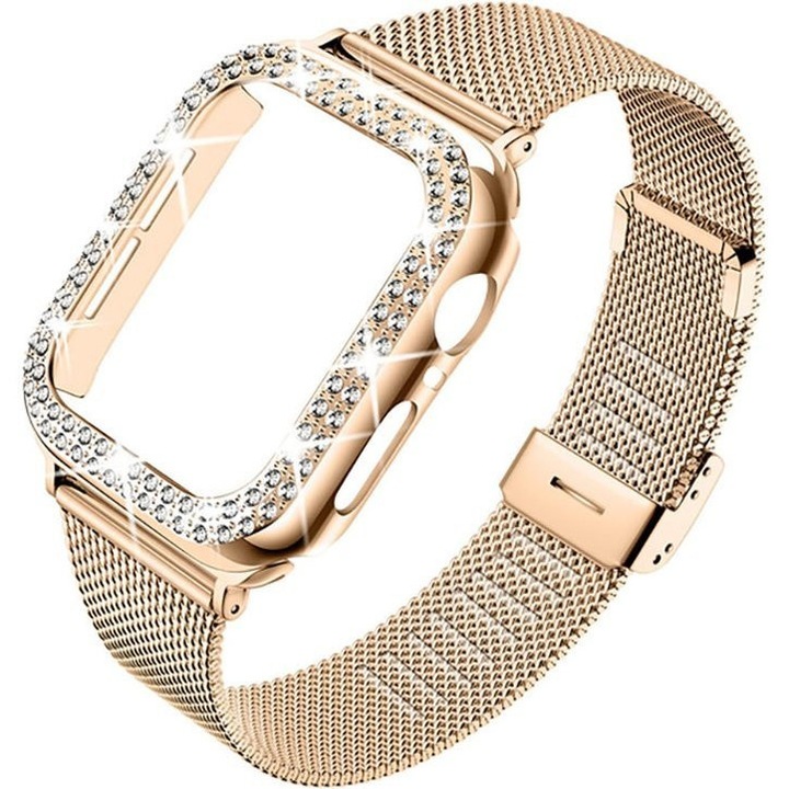 Set bratara din otel + carcasa pentru Apple Watch 4/5/6/SE 40mm, rose gold design elegant