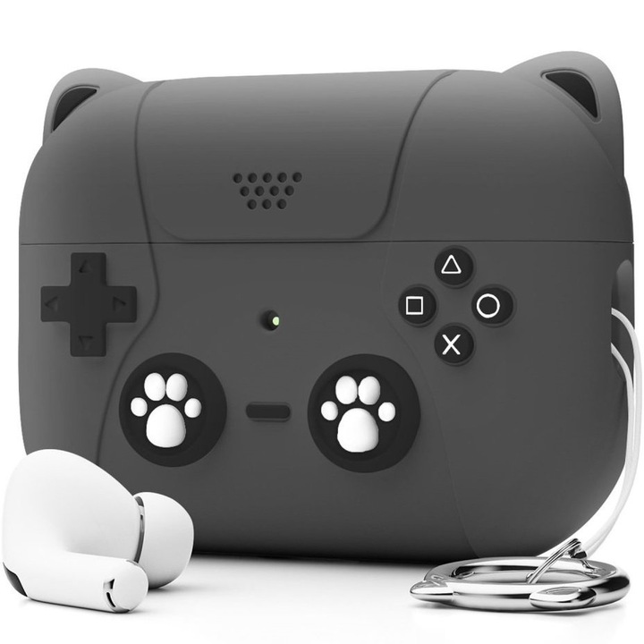 Husa + snur si carabina pentru Airpods Pro 2, XGSM, Silicon, Design Consola, Negru mat