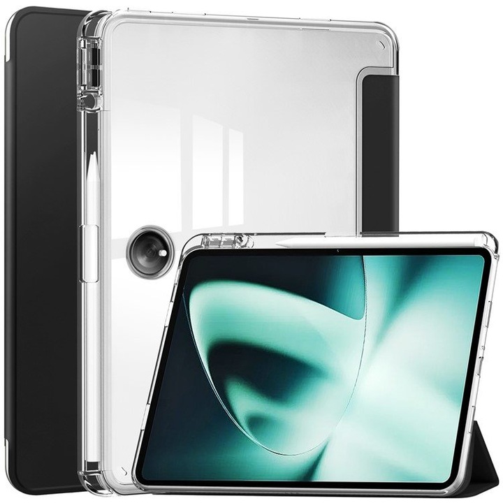 Husa tableta XGSM pentru OnePlus Pad, cu suport pentru stylus, neagra, material TPU si PC, functie de suport