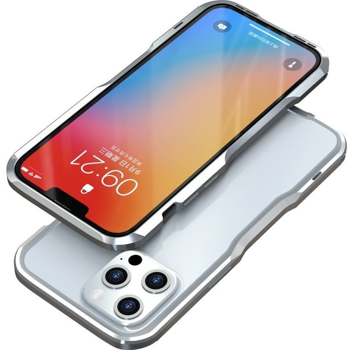 Etui pentru iPhone 13 Pro Max, LUPHIE Armor Bumper, aluminiu, argintiu, include surubelnita