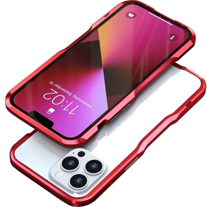 Etui telefon LUPHIE Armor Bumper, rosu, pentru iPhone 13 Pro, metalic, rezistent la socuri