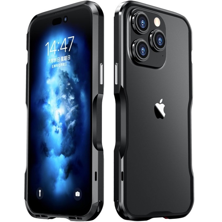 Etui pentru iPhone 14 Pro, LUPHIE Armor Bumper, negru, metalic, rezistent la socuri, set cu surubelnita
