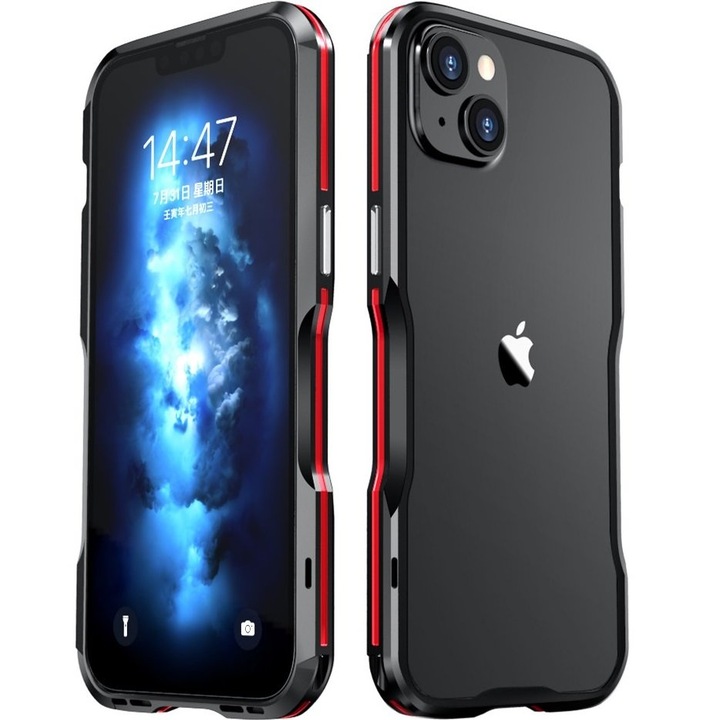 Etui telefon LUPHIE Armor Bumper pentru iPhone 14, rezistent la socuri, negru/rosu, set cu surubelnita