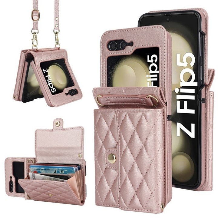 Etui din piele pentru Samsung Galaxy Z Flip5 5G, roz auriu, cu sloturi pentru carduri, set cu curea