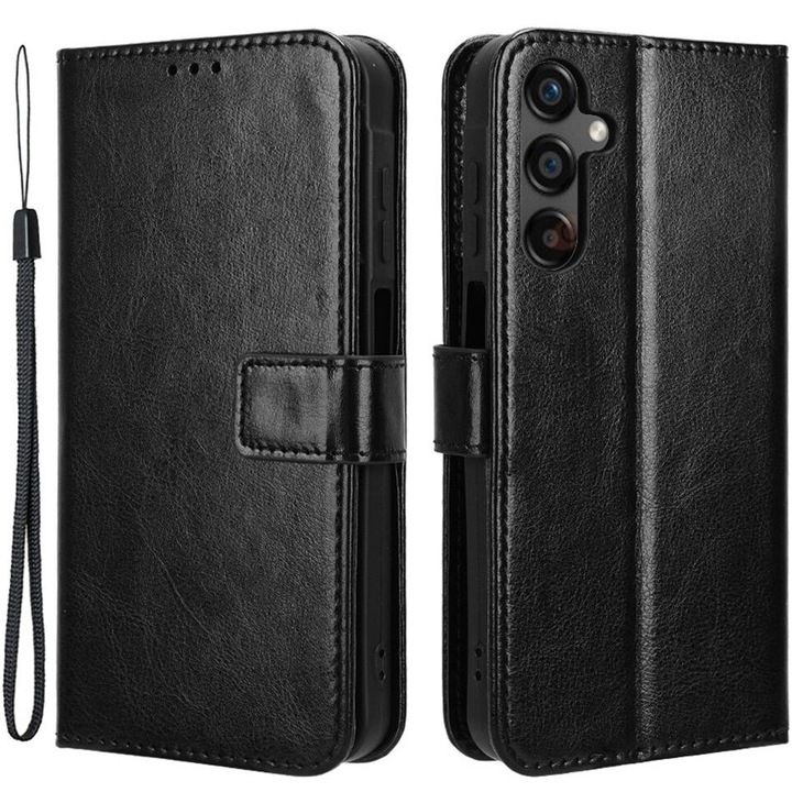 Etui pentru Samsung Galaxy A25 5G, Crazy Horse Wallet, ecologic, negru, cu functie stand, set de 1 buc.