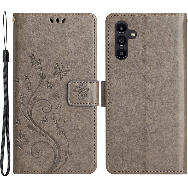 Etui pentru Samsung Galaxy S23 FE, Butterfly, gri, functie stand, piele sintetica