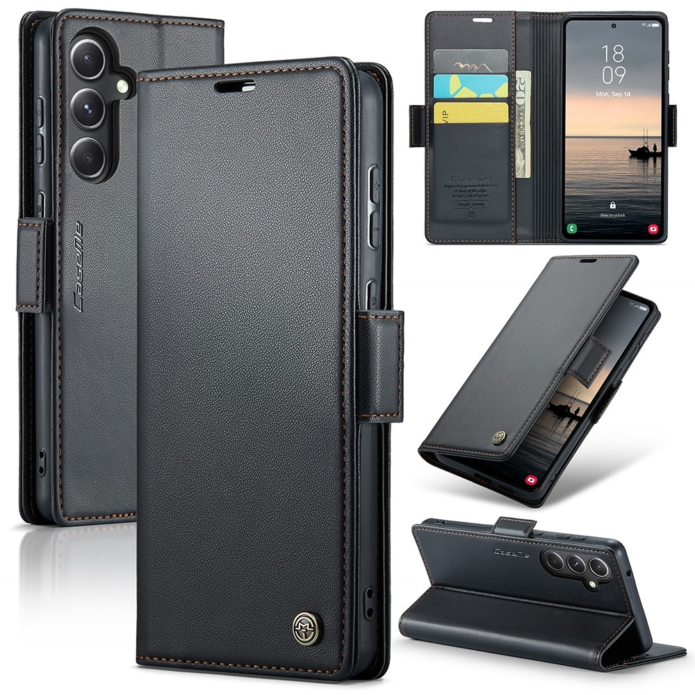 Etui cu clapa pentru Samsung Galaxy S23 FE, Caseme, ecologic, negru, set cu sticla 9H