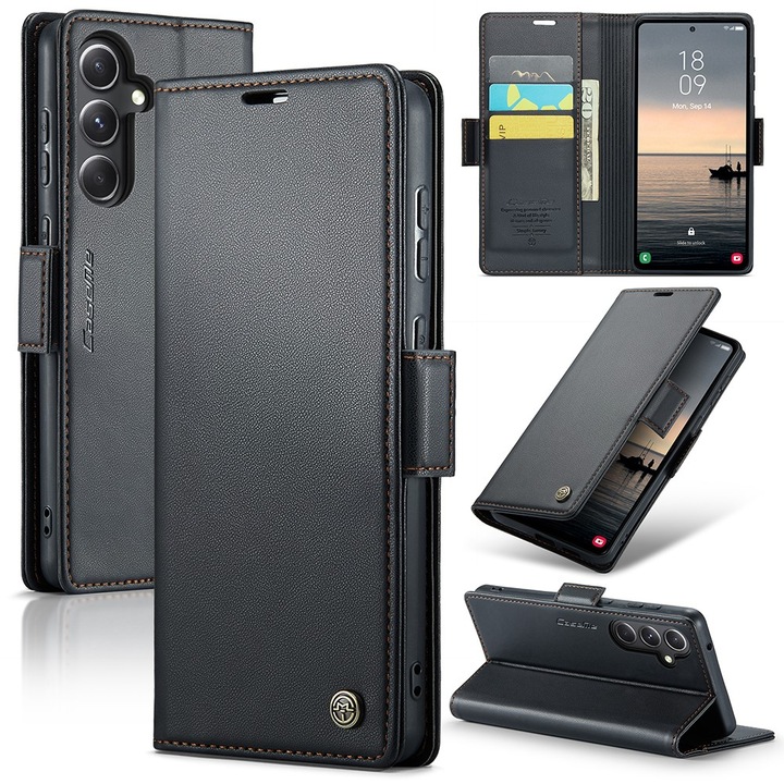 Etui cu clapa pentru Samsung Galaxy S23 FE, Caseme, ecologic, negru, set cu sticla 9H
