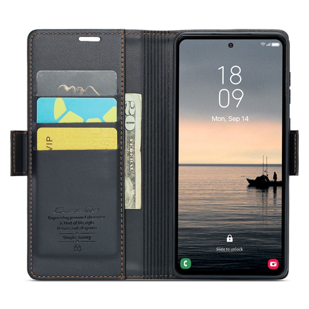 Etui cu clapa pentru Samsung Galaxy S23 FE, Caseme, ecologic, negru, set cu sticla 9H