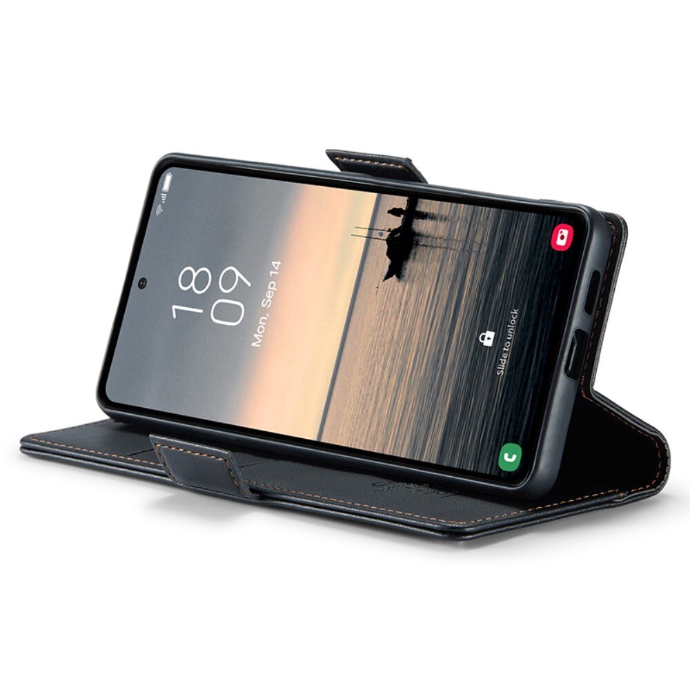 Etui cu clapa pentru Samsung Galaxy S23 FE, Caseme, ecologic, negru, set cu sticla 9H