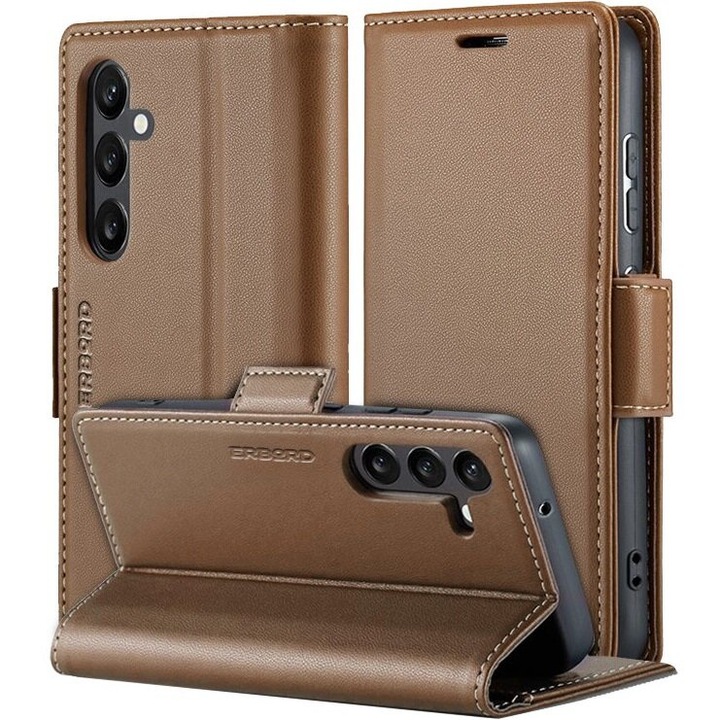 Etui pentru Samsung Galaxy A15 4G / 5G, portfel cu clapa, culoare maro, functie stand, ERBORD