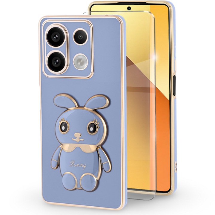 Etui Rabbit pentru Xiaomi Redmi Note 13 5G, albastru + Sticla Hartata 9H, TPU, suport integrat