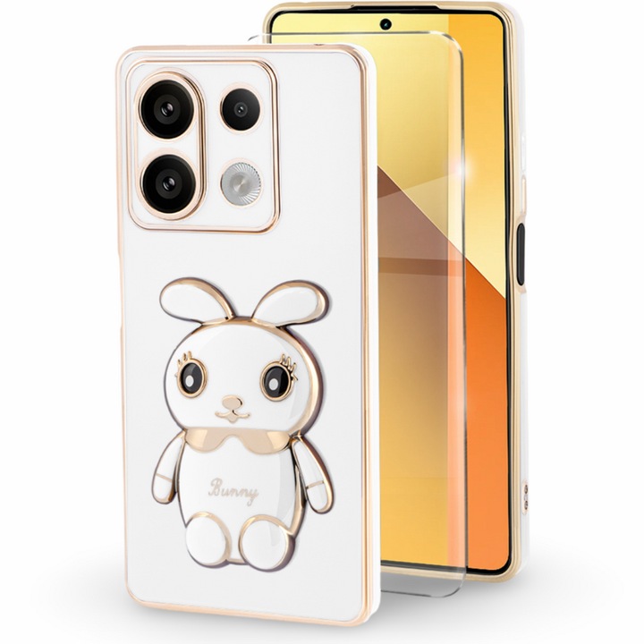 Husa si Folie Sticla 9H, pentru Xiaomi Redmi Note 13 5G, Rabbit, Alb