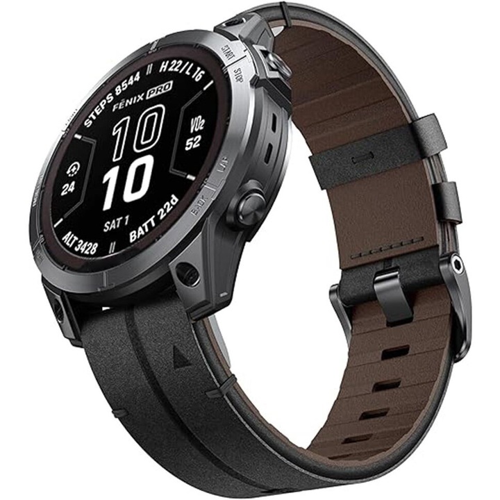 Curea pentru smartwatch Garmin Fenix 5X/6X/6X PRO/7X, Piele naturala, Negru