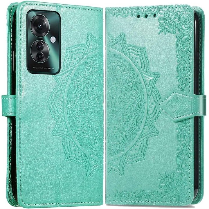 Etui pentru telefon XGSM, Oppo Reno 11F 5G, verde, piele sintetica, functie stand