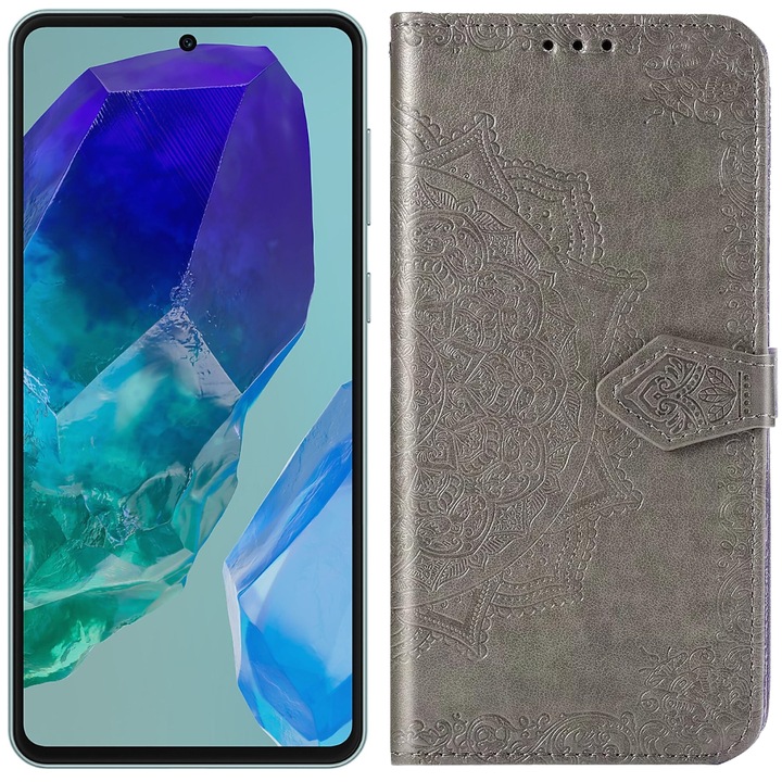 Etui pentru Samsung Galaxy M55 5G, Mandala, gri, cu functie stand, din piele sintetica