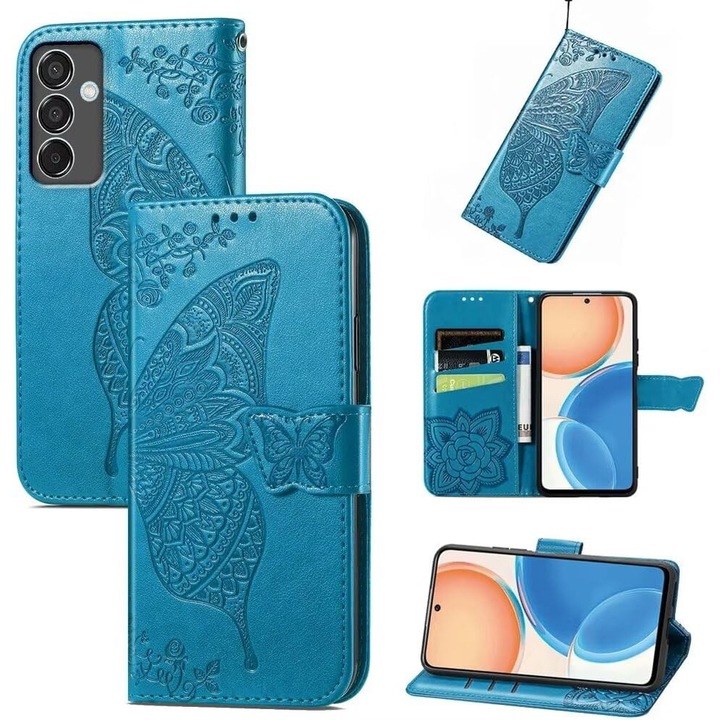 Etui pentru Samsung Galaxy M55 5G, XGSM, Butterfly, sintetic, albastru, cu functie stand