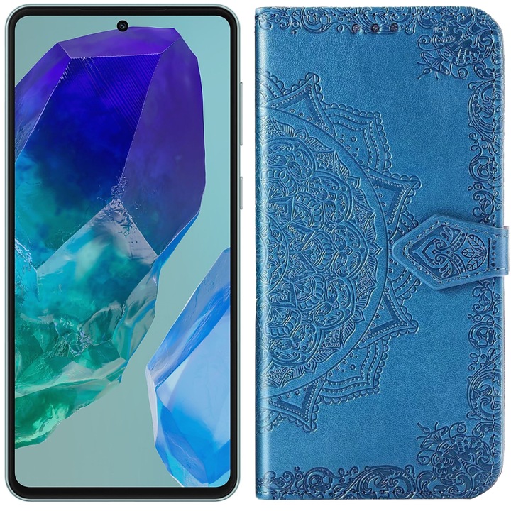 Etui pentru Samsung Galaxy M55 5G, Mandala, sintetic, albastru, cu functie stand, cuprinde 1 x etui