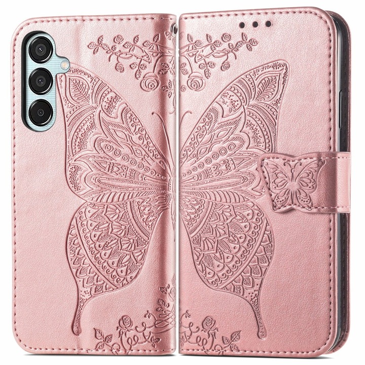 Etui pentru Samsung Galaxy M15 5G, XGSM, Butterfly, roz gold, functie stand, piele sintetica