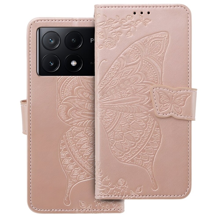 Etui cu clapa pentru Xiaomi Poco F6 Pro, Butterfly, roz gold, piele sintetica, functie stand