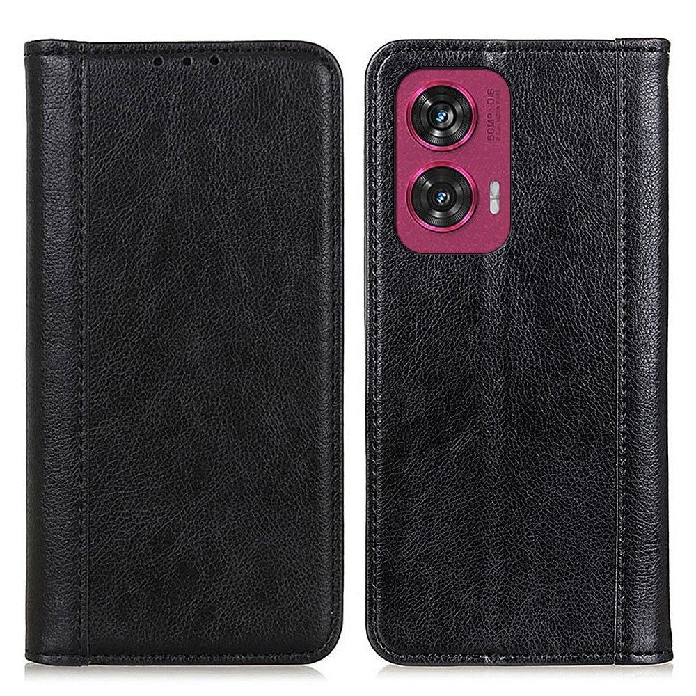 Husa flip pentru Motorola Edge 50 Fusion 5G, piele naturala, negru, cu functie de suport, cu buzunare pentru carduri