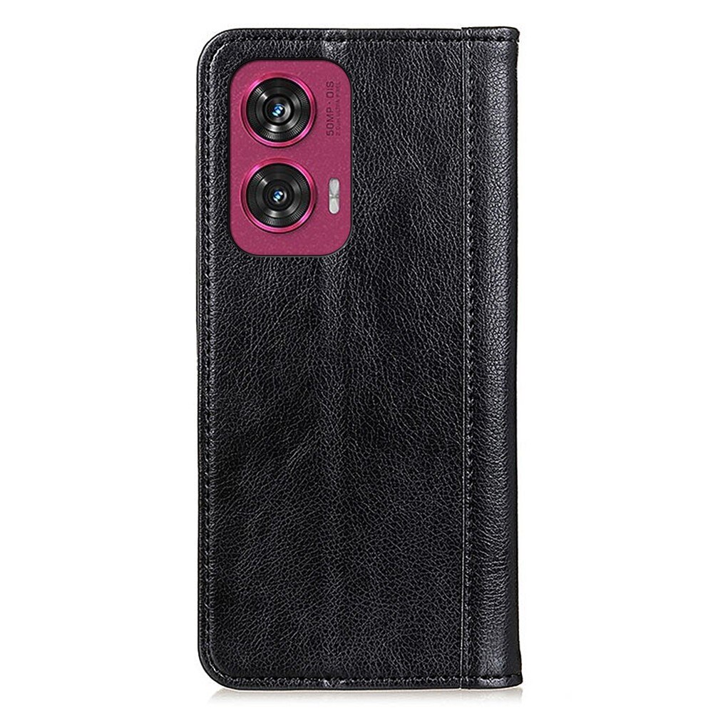 Husa flip pentru Motorola Edge 50 Fusion 5G, piele naturala, negru, cu functie de suport, cu buzunare pentru carduri