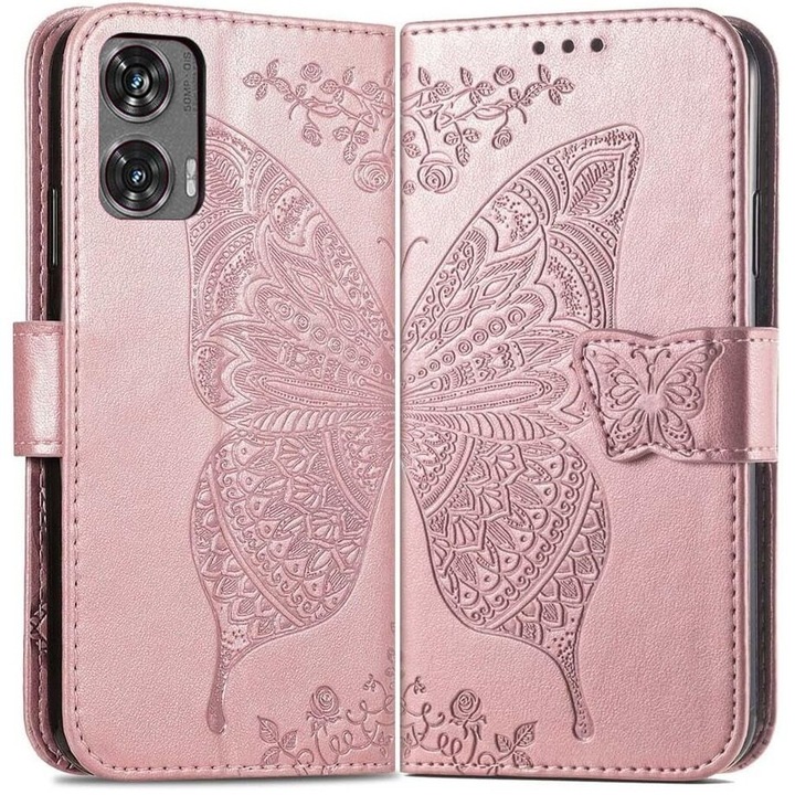 Husa telefon XGSM pentru Motorola Moto G85, Butterfly, roz gold, cu functie stand, din piele sintetica