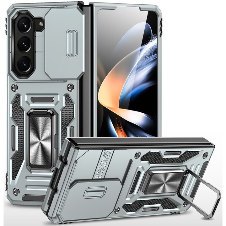 Etui pancerne XGSM pentru Samsung Galaxy Z Fold5 5G, CamShield Slide, argintiu, cu suport integrat si maner magnetic