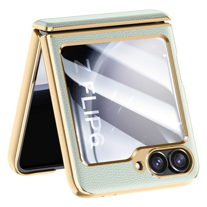 Husa din piele ecologica pentru Samsung Galaxy Z Flip6 5G, Erbord, verde/auriu, subtire