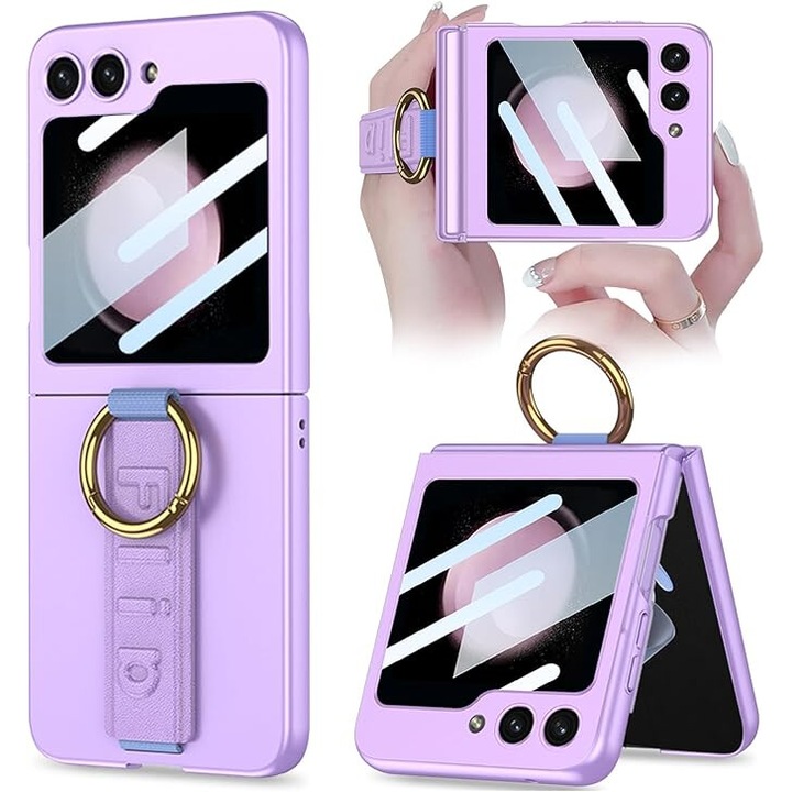Etui Ring Holder pentru Samsung Galaxy Z Flip6 5G, cu sticla pe ecran, violet