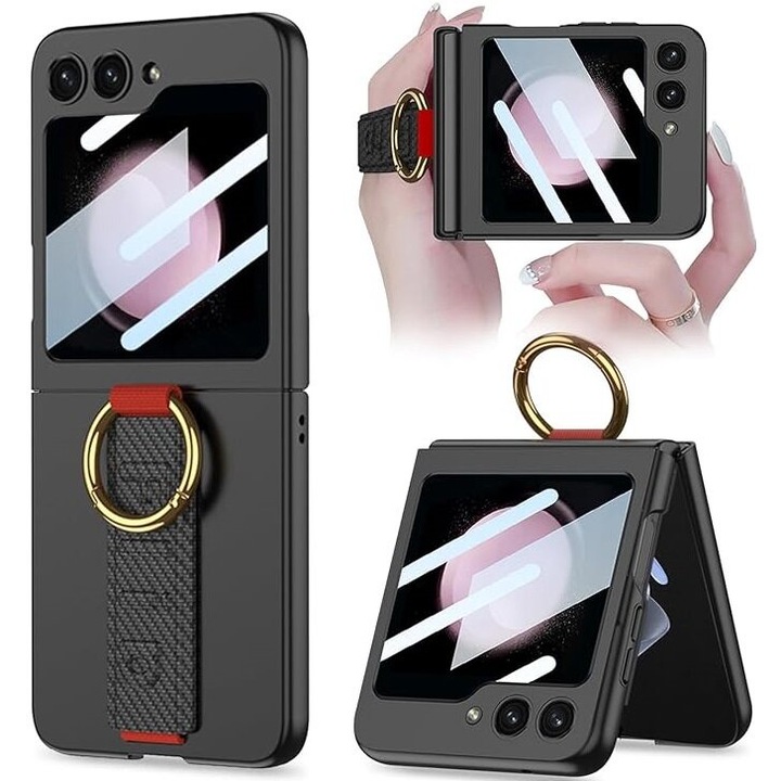 Etui Ring Holder pentru Samsung Galaxy Z Flip6 5G, cu sticla pe ecran, negru, set 1 buc.