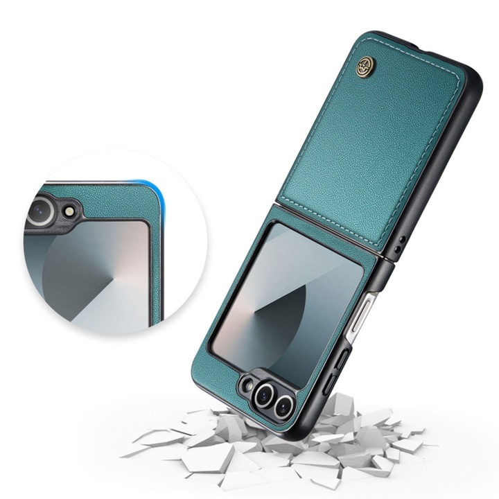 Husa pentru Samsung Galaxy Z Flip6 5G, ERBORD, piele ecologica, verde, compatibil cu incarcare wireless